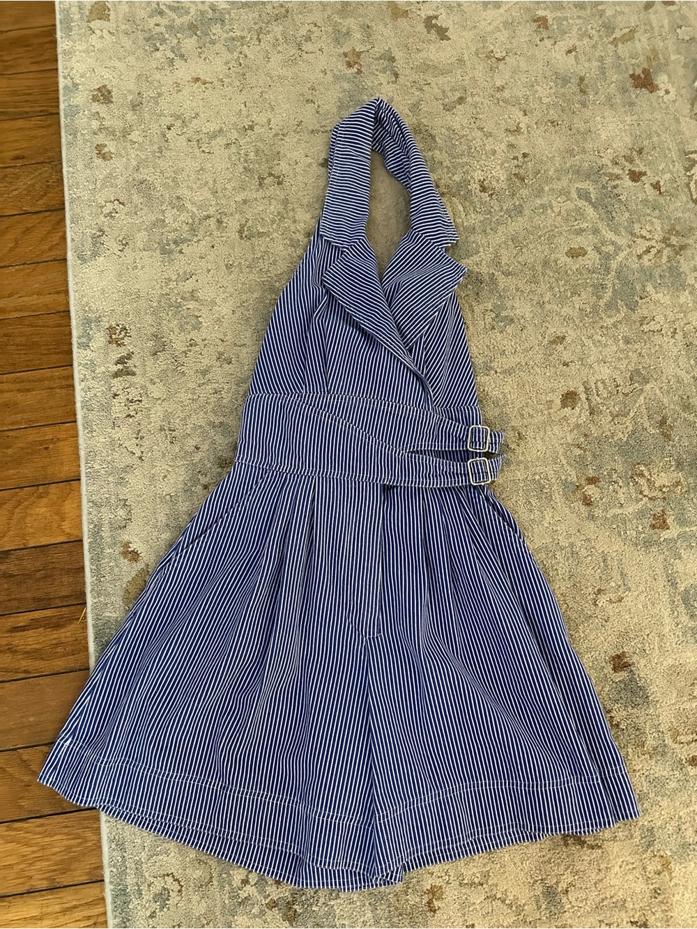 Striped Blue Halter Romper with Double-Buckle Waist